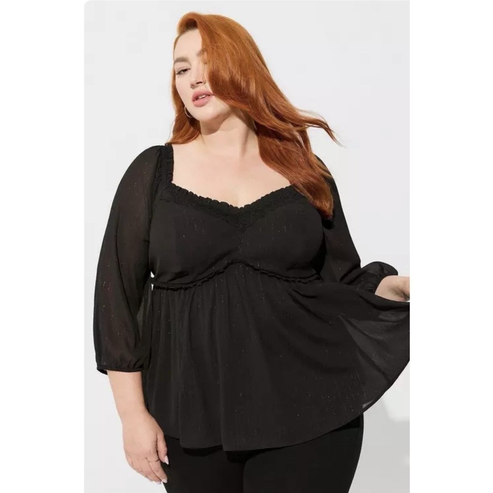 Torrid Babydoll Crinkle Chiffon Blouse Top Whimsigoth Fairy Black SZ 4X